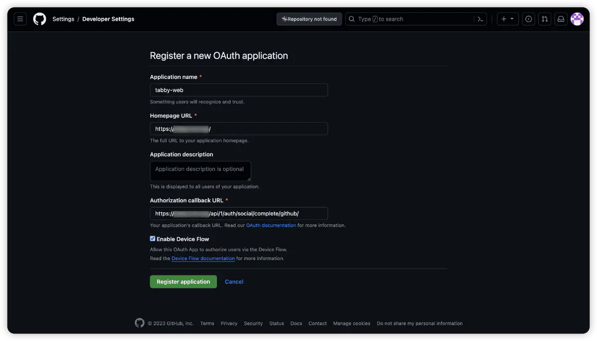 Github OAuth Application Register